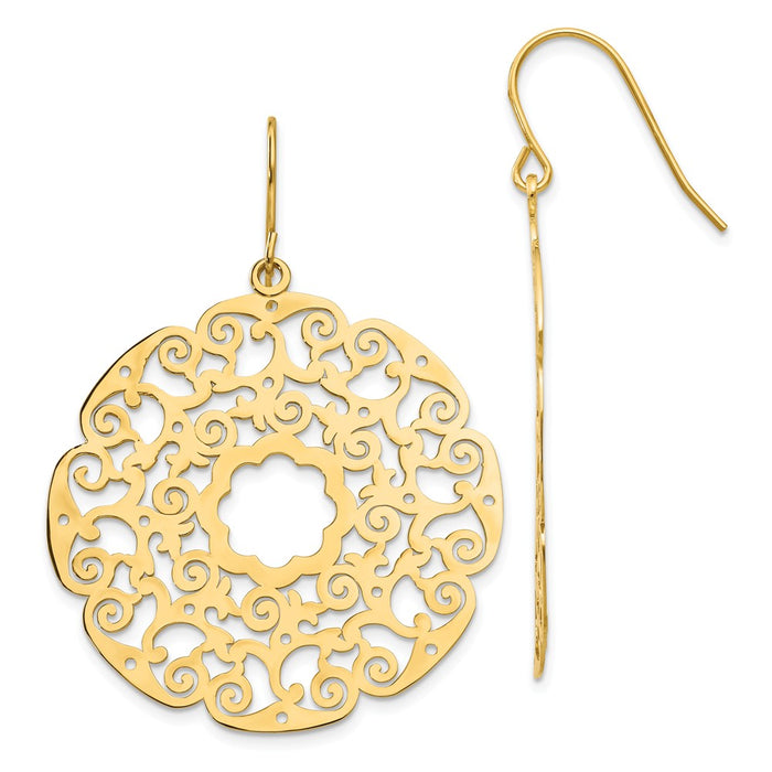 Million Charms 14k Yellow Gold Fancy Lace Filigree Dangle Earrings, 48mm x 35mm