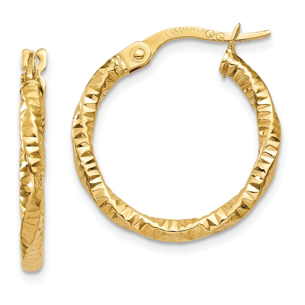 Million Charms 14k Yellow Gold Polished and Textured Hoop Earrings, 19mm x 2mm