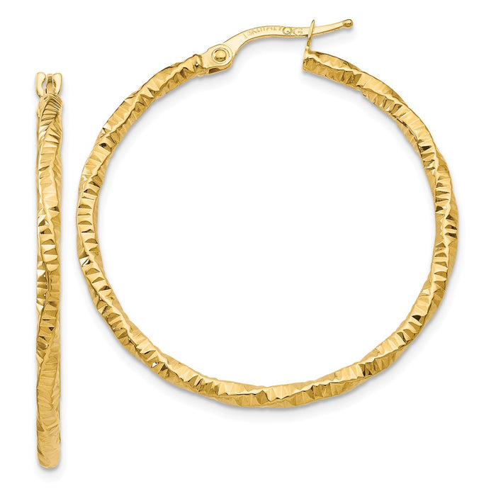 Million Charms 14k Yellow Gold Polished and Textured Hoop Earrings, 35mm x 2mm