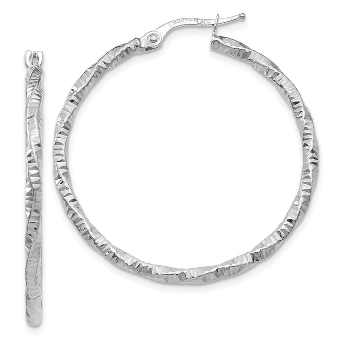 Million Charms 14K White Gold Polished and Textured Hoop Earrings, 35mm x 2mm