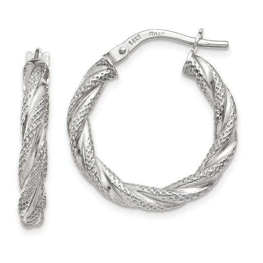 Million Charms 14K White Gold Twisted Textured Hoop Earrings, 20mm x 3mm