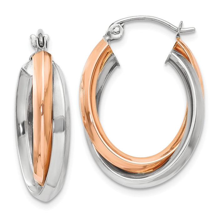 Million Charms 14k Rose and White Gold Polished Oval Tube Hoop Earrings, 23mm x 3mm