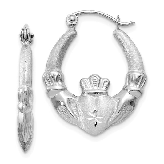 Million Charms 14k White Gold Satin and Diamond-cut Claddagh Hoop Earrings, 21mm x 2mm
