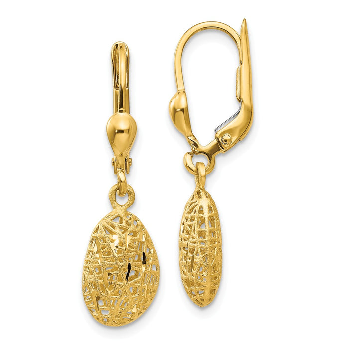 Million Charms 14k Yellow Gold Gold Textured/Polished Satin Puff Diamond-Cut Dangle Leverback Earrings, 31mm x 8mm