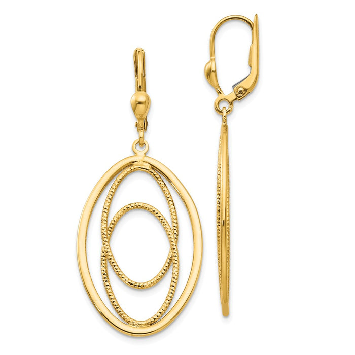 Million Charms 14k Yellow Gold Gold Textured and Polished Dangle Leverback Earrings, 50mm x 21mm