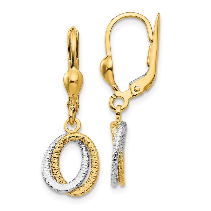 Million Charms 14K Two-Tone Textured and Polished Dangle Leverback Earrings, 27mm x 6mm