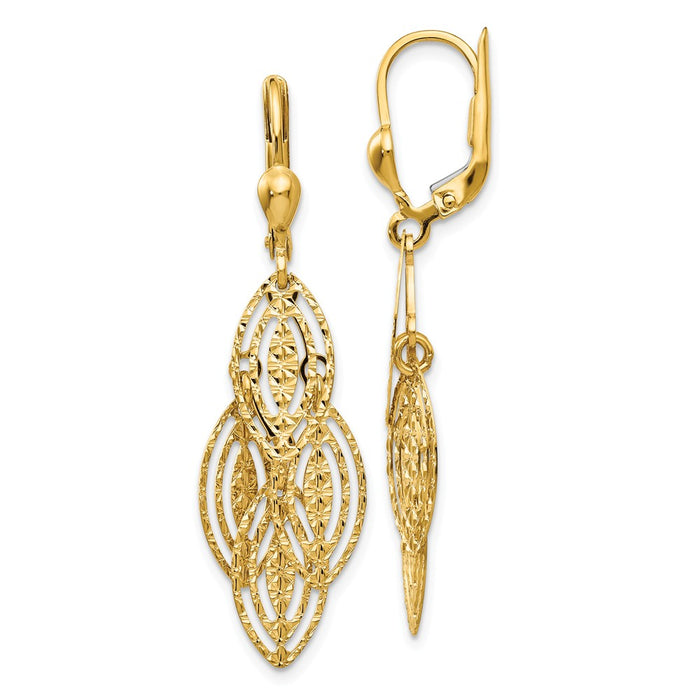 Million Charms 14k Yellow Gold Gold Textured and Polished Dangle Leverback Earrings, 41mm x 13mm