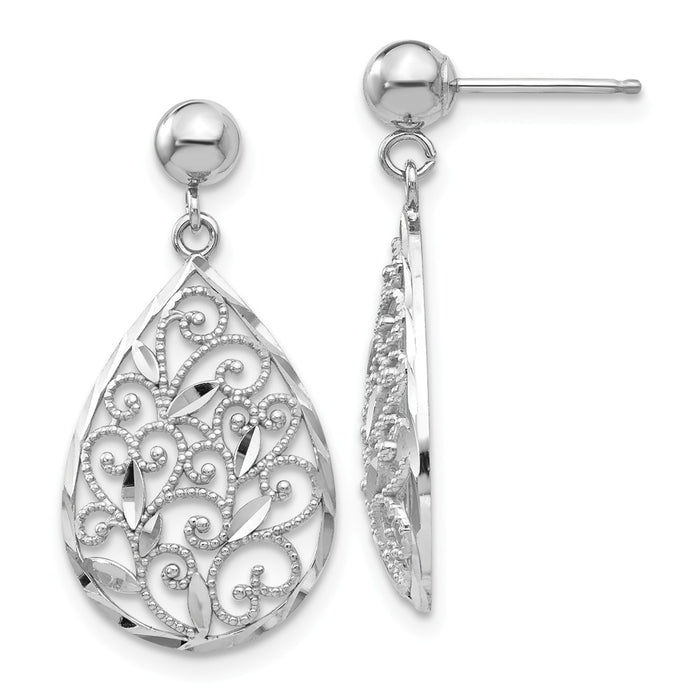 Million Charms 14k White Gold Polished Filigree Teardrop Post Dangle Earrings, 25mm x 12mm