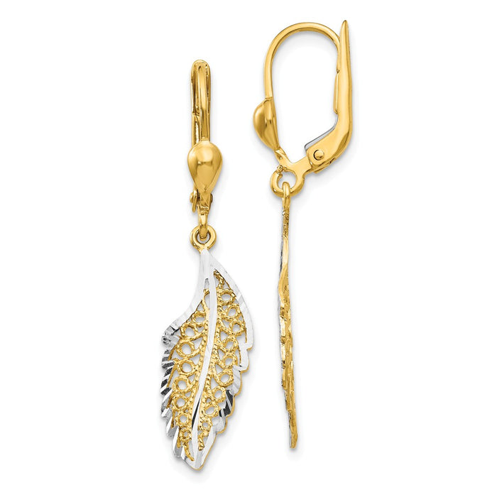 Million Charms 14K and Rhodium Polished and Textured Leaf Leverback Earrings, 37mm x 5mm