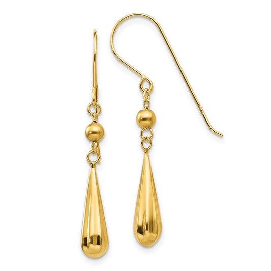 Million Charms 14k Yellow Gold Grooved Puffed Teardrop Shepherd Hook Earrings, 37mm x 4mm