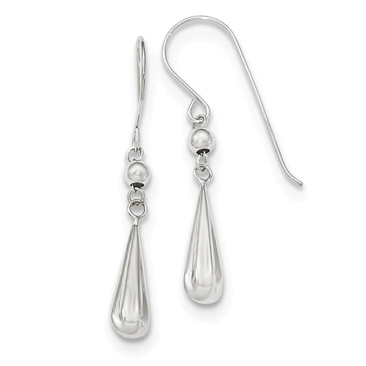 Million Charms 14K White Gold Grooved Puffed Teardrop Shepherd Hook Earrings, 36mm x 5mm