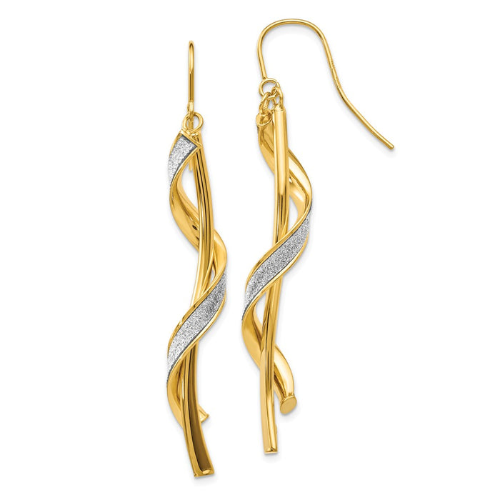 Million Charms 14k Yellow Gold Polished Glitter Infused Spiral Dangle Earrings, 60mm x 4mm