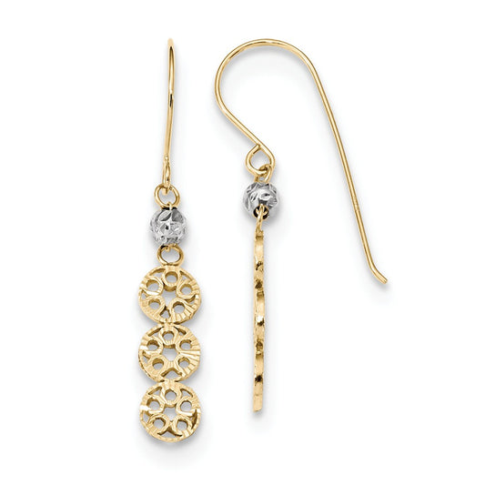 Million Charms 14k Two-tone Polished Diamond-Cut 3-Circles Shepherd Hook Earrings, 33mm x 5mm