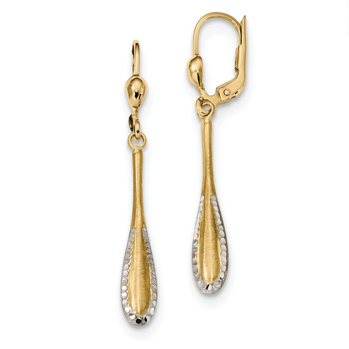 Million Charms 14k Yellow Gold Rhodium-plated Diamond-Cut Satin Drop Leverback Earrings, 49.5mm x 5mm