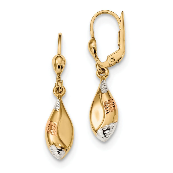 Million Charms 14k Yellow Gold Yellow with White & Rose Rhodium-plated Diamond-Cut Dangle Leverback Earrings, 30.5mm x 7mm