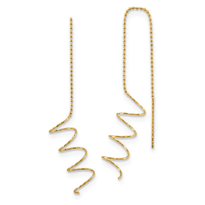 Million Charms 14k Yellow Gold Polished Diamond-cut Spiral Threader Earrings, 52mm x 8mm