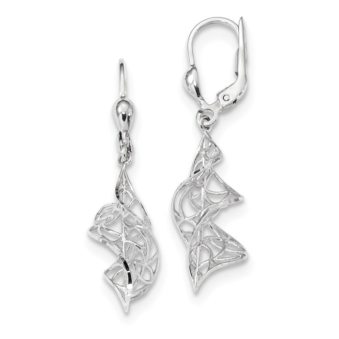 Million Charms 14k White Gold Polished Twisted Diamond-Cut Dangle Leverback Earrings, 35mm x 10mm