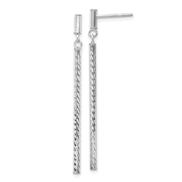 Million Charms 14k White Gold Polished and Diamond-cut Bar Dangle Post Earrings, 55mm x 2mm