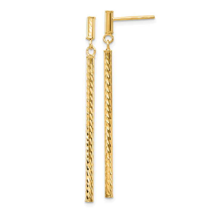 Million Charms 14k Yellow Gold Polished and Diamond-cut Bar Dangle Post Earrings, 55mm x 2mm