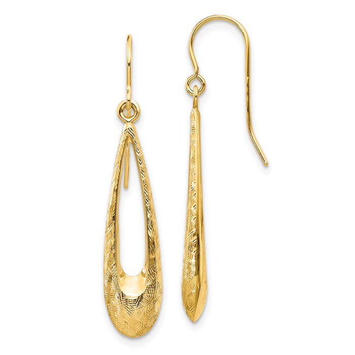 Million Charms 14k Yellow Gold Gold Polished and Textured Teardrop Dangle Earrings, 39mm x 7mm