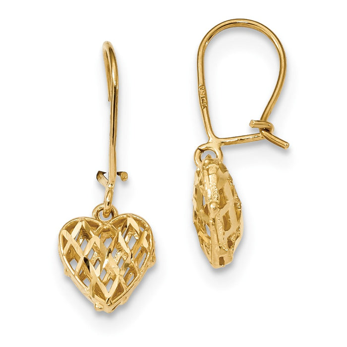 Million Charms 14k Yellow Gold Diamond-cut Lattice Heart Dangle Kidney Wire Earrings, 25mm x 1mm