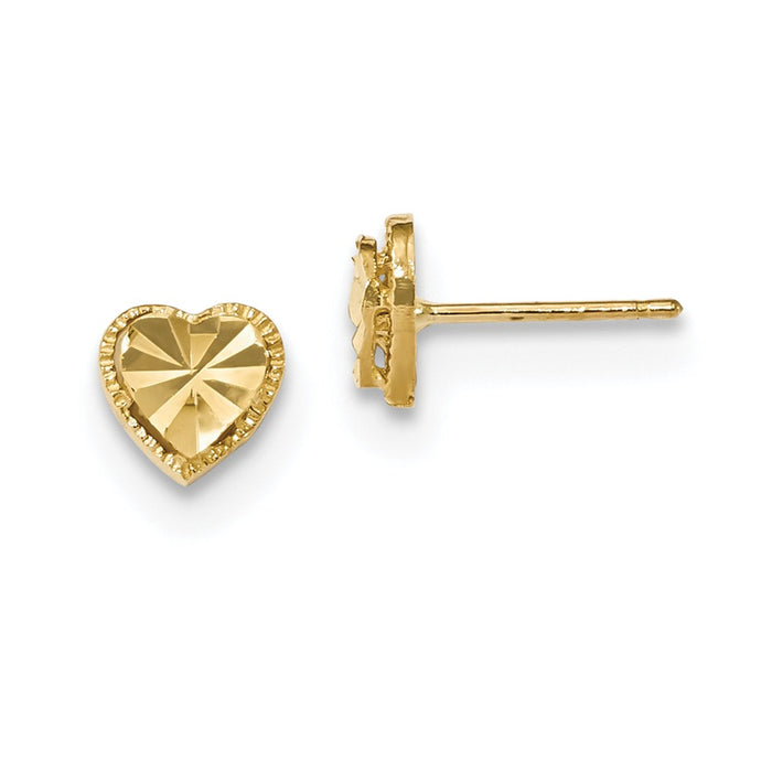 Million Charms 14k Yellow Gold Polished Diamond-cut Heart Post Earrings, 6.65mm x 6.75mm