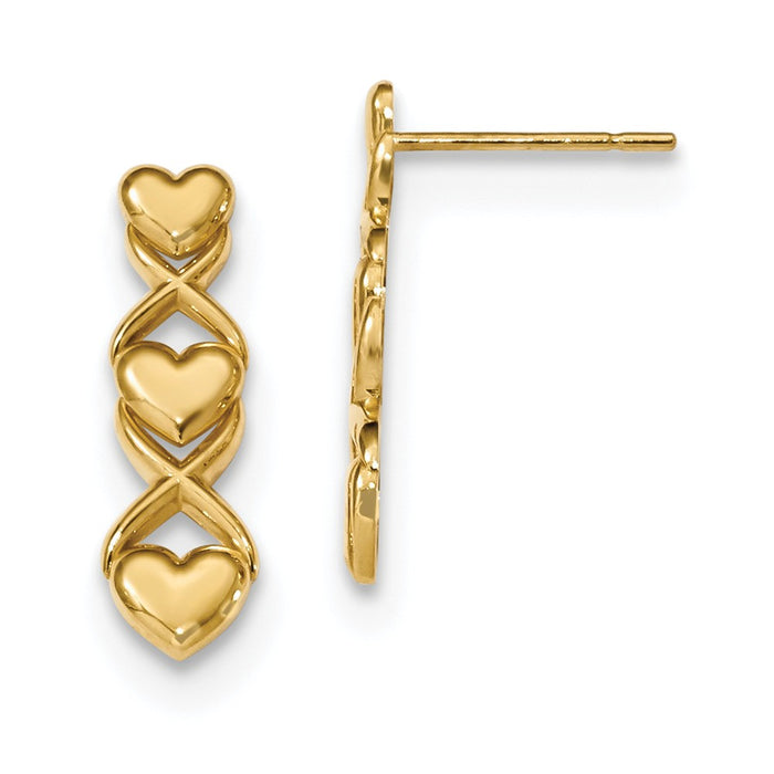 Million Charms 14k Yellow Gold Polished Triple Heart & X Post Earrings, 19.25mm x 5.85mm