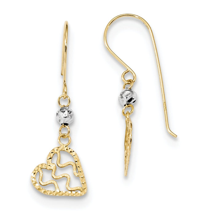 Million Charms 14k Polished Satin and Diamond-Cut Heart Dangle Shepherd Hook Earrings, 29mm x 9.5mm