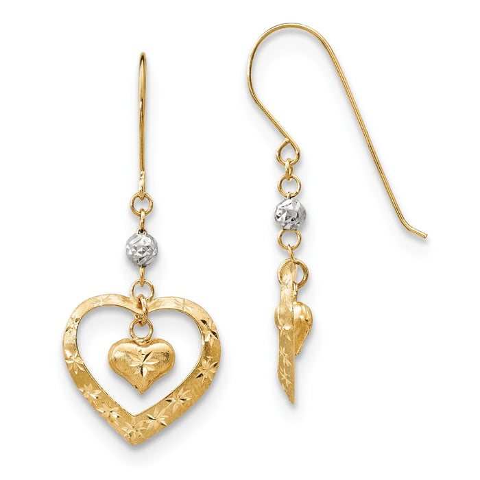 Million Charms 14k Two-tone Satin Diamond-Cut Heart Dangle Shepherd Hook Earrings, 36mm x 14.75mm