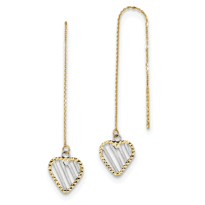 Million Charms 14k & Rhodium Polished Satin and Diamond-Cut Heart Threader Earrings, 45mm x 9mm