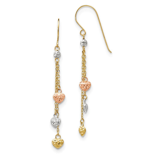 Million Charms 14k Tri-color Diamond-Cut Triple Heart Dangle Shepherd Hook Earrings, 55mm x 4.85mm