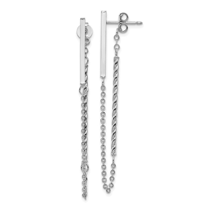 Million Charms 14k White Gold Polished & Twisted Stick with Chain Post Earrings,