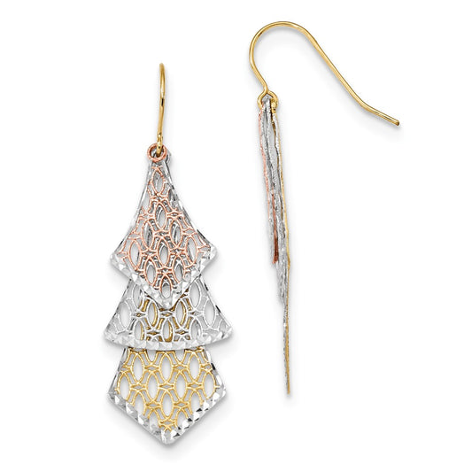 Million Charms 14k Tri-color Diamond-Cut Polished Filigree Dangle Earrings, 45mm x 15mm