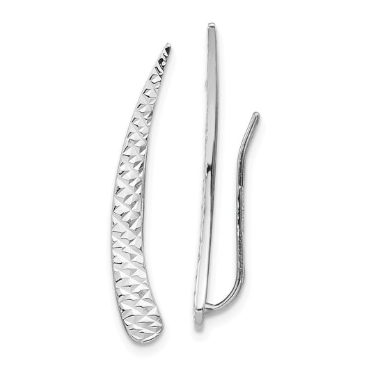 Million Charms 14k White Gold Polished and Textured Ear Climber Earrings, 28mm x 3.7mm