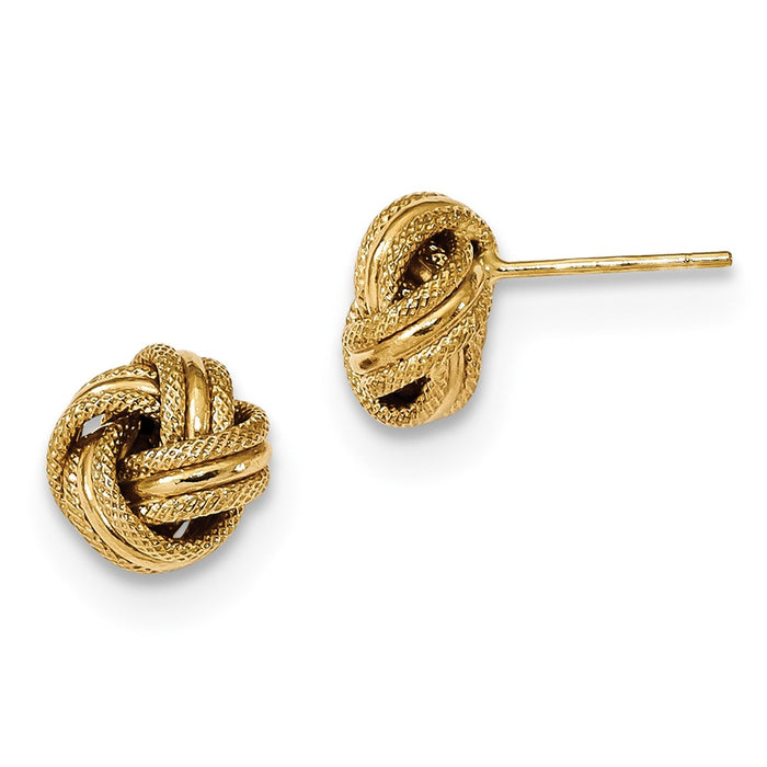 Million Charms 14k Yellow Gold Polished Textured Triple Love Knot Earrings, 9mm x 9mm