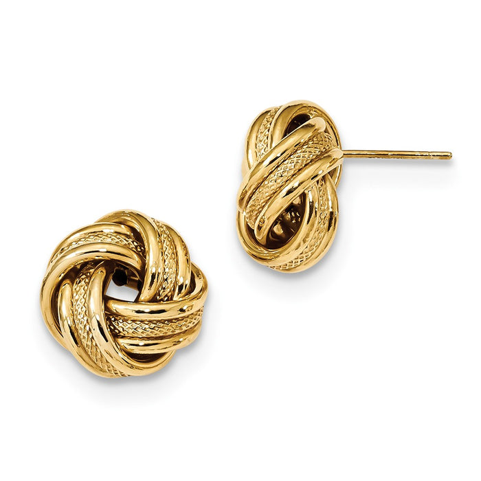 Million Charms 14k Yellow Gold Polished Textured Triple Love Knot Post Earrings, 13mm x 13mm