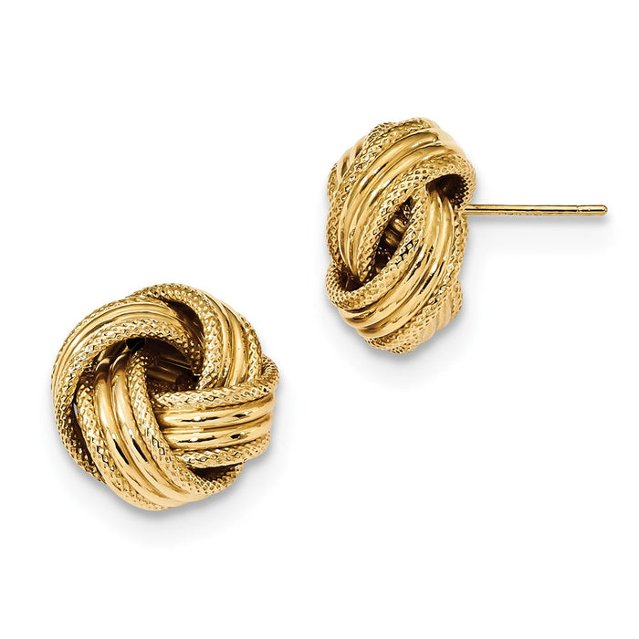 Million Charms 14k Yellow Gold Polished Textured Love Knot Post Earrings, 14mm x 13mm