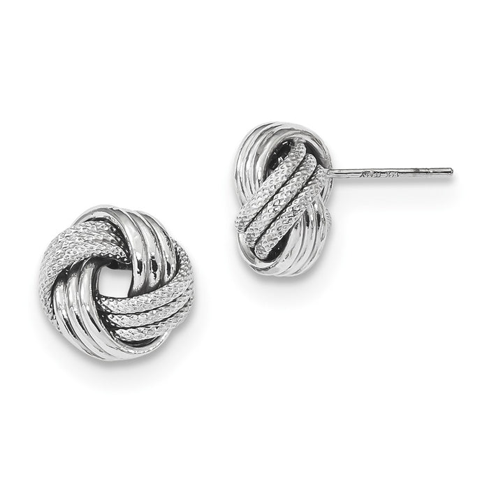 Million Charms 14k White Gold Polished Textured Love Knot Post Earrings, 10.5mm x 10mm