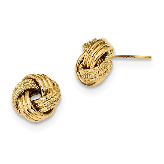 Million Charms 14k Yellow Gold Polished Textured Triple Love Knot Post Earrings, 10.5mm x 10mm