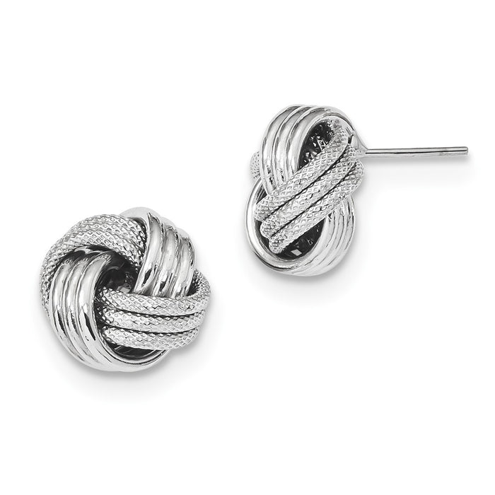 Million Charms 14k White Gold Polished Textured Love Knot Post Earrings, 12.5mm x 12mm