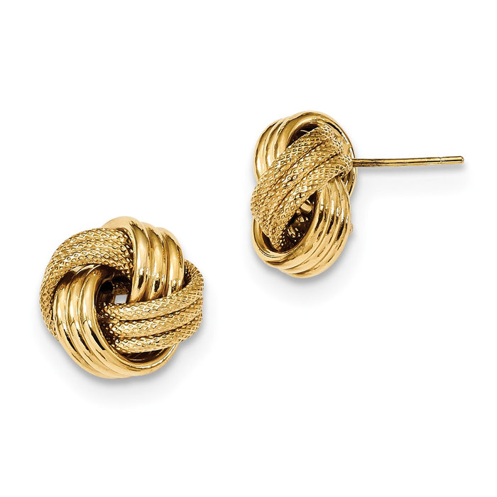 Million Charms 14k Yellow Gold Polished Textured Triple Love Knot Post Earrings, 12.5mm x 12mm