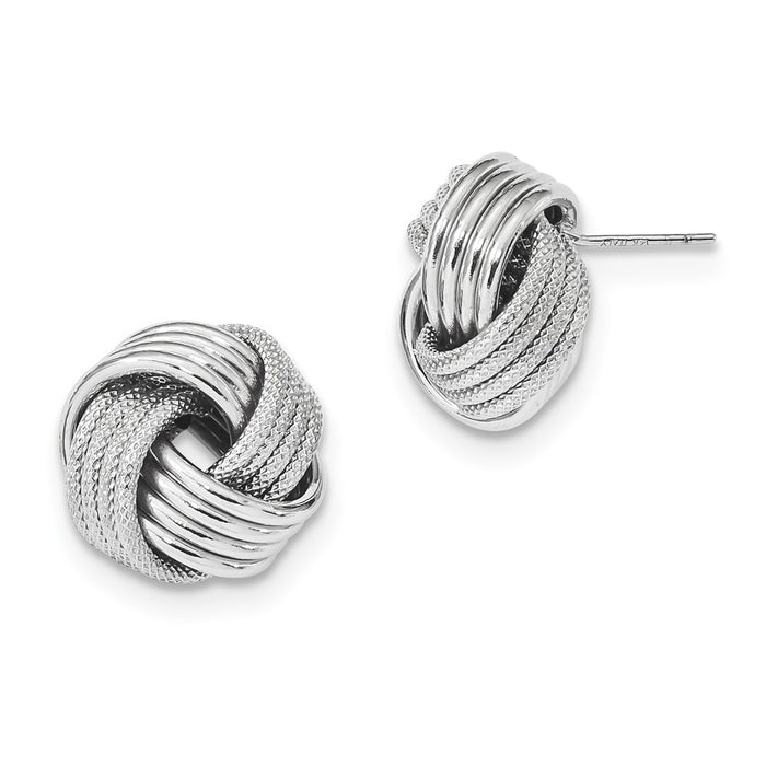 Million Charms 14k White Gold Polished Textured Love Knot Post Earrings, 15mm x 15mm