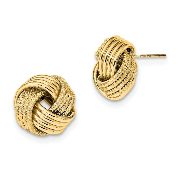 Million Charms 14k Yellow Gold Polished Textured Love Knot Post Earrings, 15mm x 15mm