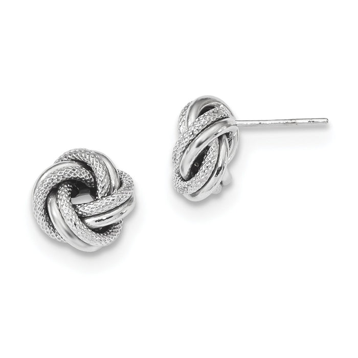 Million Charms 14k White Gold Polished Textured Double Love Knot Post Earrings, 10mm x 10mm