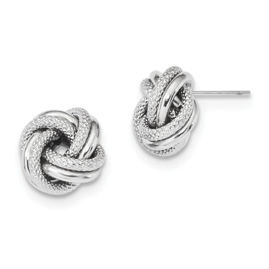 Million Charms 14k White Gold Polished Textured Double Love Knot Post Earrings, 13.5mm x 13mm