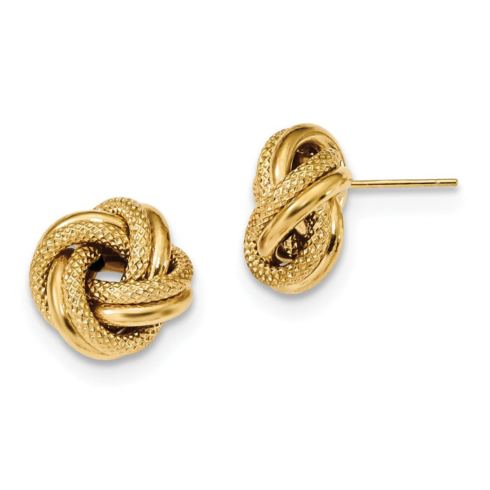 Million Charms 14k Yellow Gold Polished Textured Double Love Knot Post Earrings, 13.5mm x 13mm