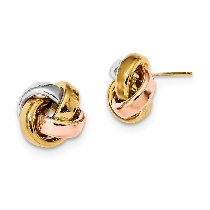 Million Charms 14k Yellow Gold with White & Rose Rhod Pol Love Knot Post Earrings, 12mm x 13mm