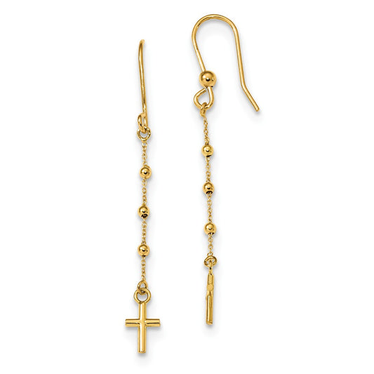 Million Charms 14k Yellow Gold Polished Cross Dangle Shepherd Hook Earrings, 48mm x 5mm