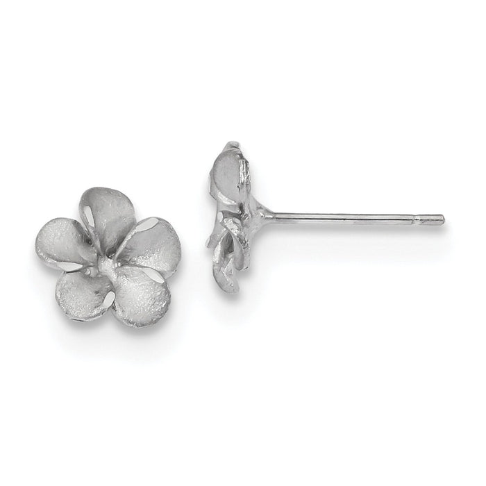 Million Charms 14k White Gold Satin Diamond-cut Plumeria Post Earrings, 8.5mm x 8.5mm