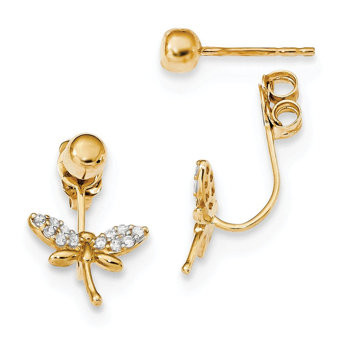 Million Charms 14k Yellow Gold with Cubic Zirconia ( CZ ) Dragonfly Front & Back Earrings, 19mm x 11mm